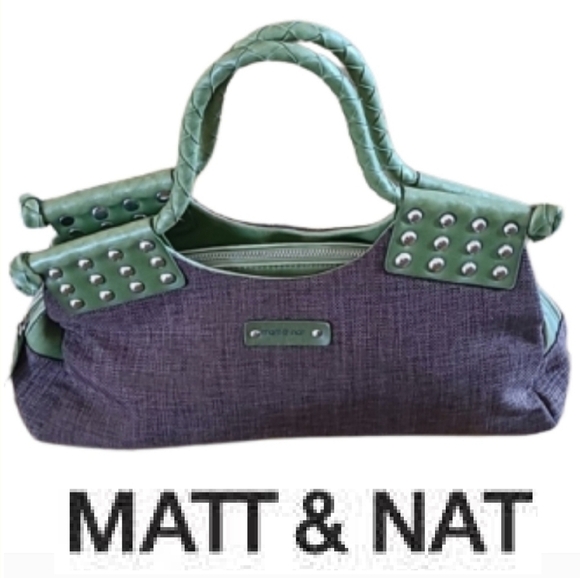 Matt & Nat Handbags - MATT & NAT Brown Canvas Green Vegan Leather Handbag, Metal Stud Detail